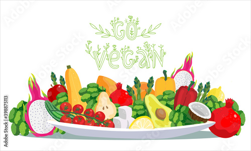 Big plate with vegetables and fruits. Healthy vegan nutrition foods and products. Vector illustration vegan concept banner with lettering GO VEGAN . Good for flyer  o menu card.