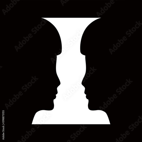 Two human faces silhouette or vase. Optical illusion. Vector illustration.