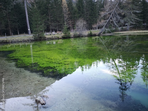 Grüner See Tragöß mit beeindruckender Spiegelung im Abendlicht photo