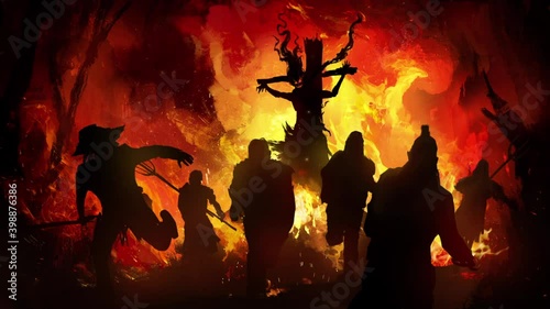 The silhouette of a sinister crucified witch with long hair and ragged clothes, surrounded by a powerful fire, frightened peasants run away from her, against the background of a burning city. 