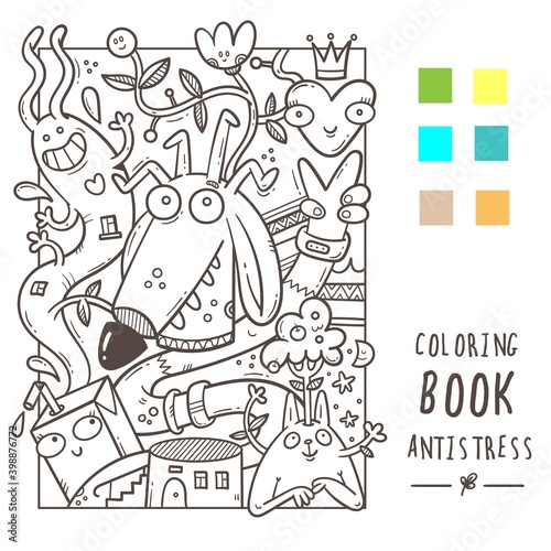 Coloring book antistress with funny cute cartoon creatures. Doodle print with dog and rabbit. Line art poster.