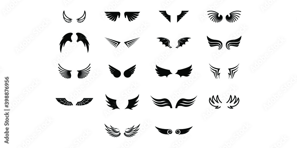 Set Black Line Flat Collection Wings Vector Icon Feather Design Style Decoration Cartoon Set Black Line Flat Collection Wings Vector Icon Feather Design Style Decoration Cartoon