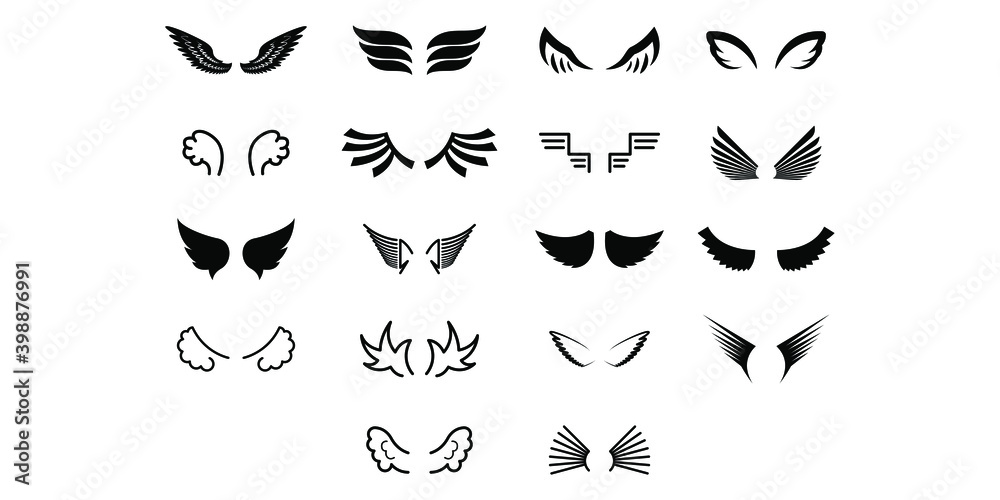Set Black Line Flat Collection Wings Vector Icon Feather Design Style Decoration Cartoon
