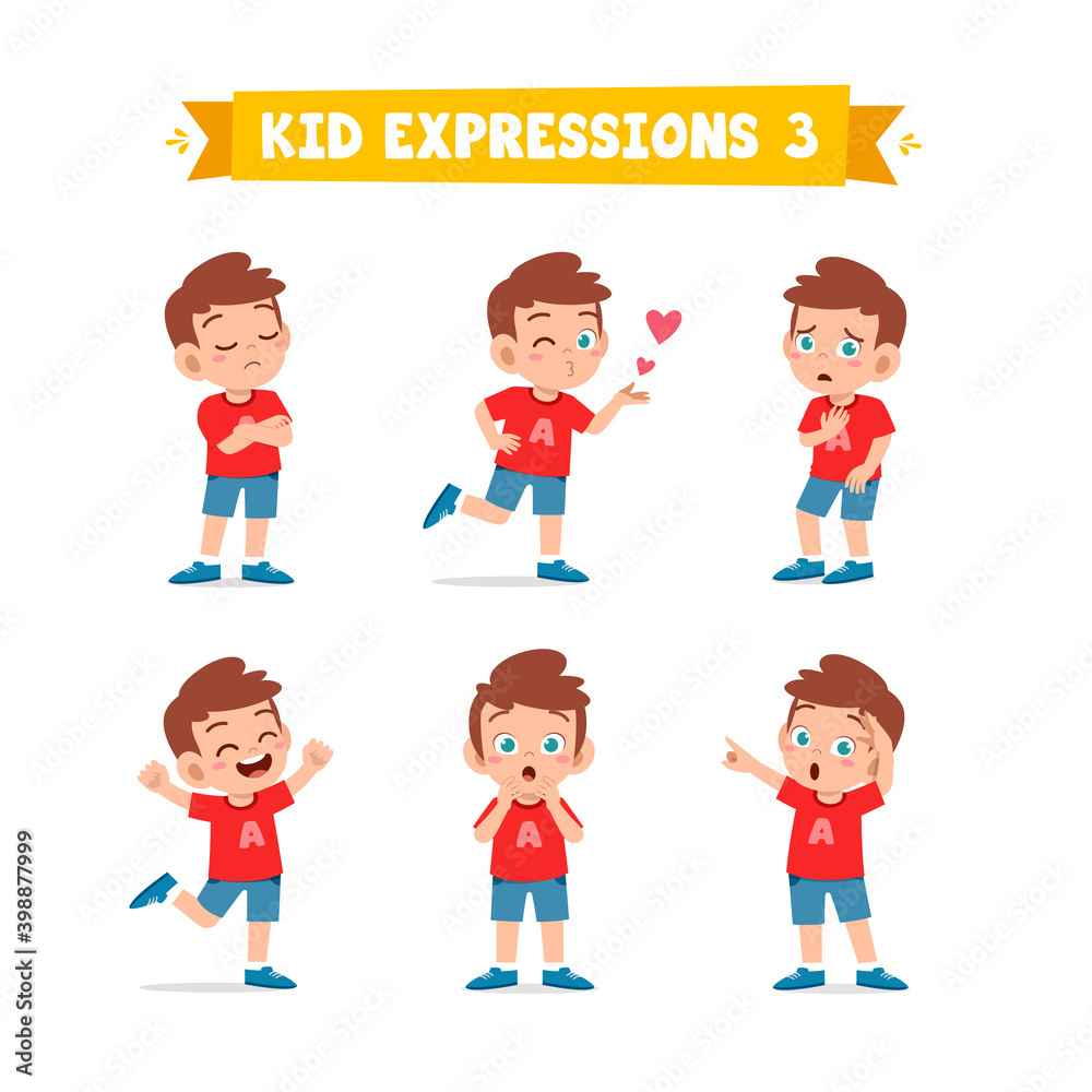 cute little kid boy in various expressions and gesture set