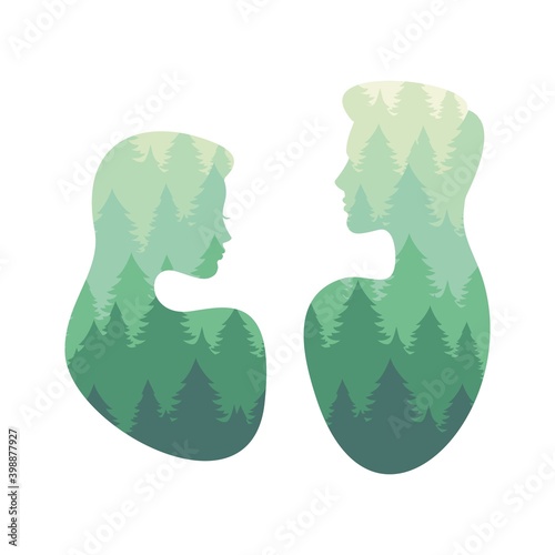 Silhouette of a girl and a guy against the background of the forest