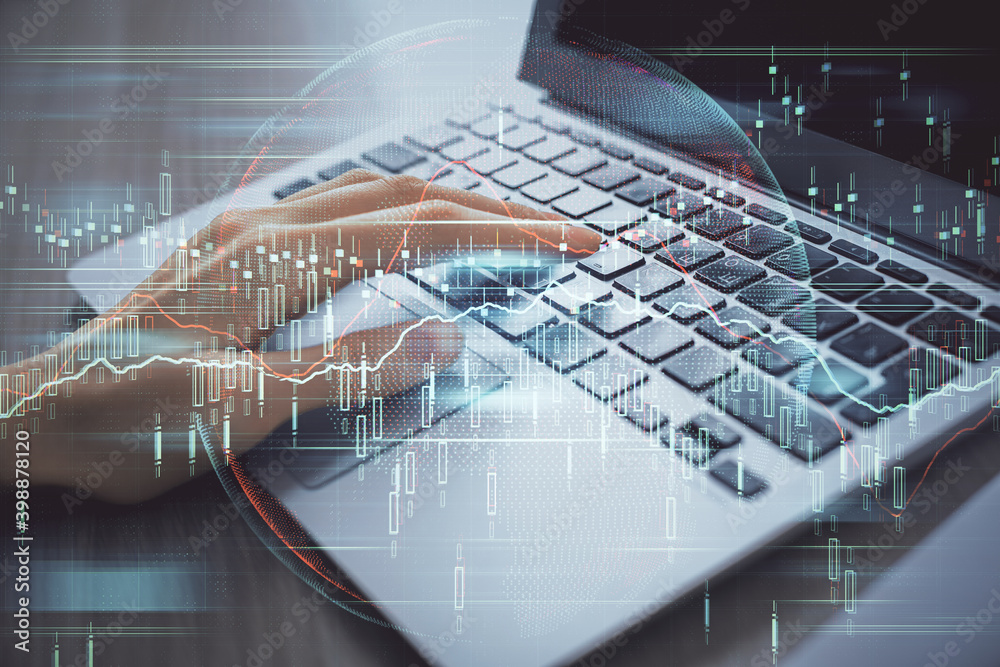Double exposure of woman hands typing on computer and forex chart hologram drawing. Stock market analysis concept. Double exposure of woman hands typing on computer and forex chart hologram drawing. Stock market analysis concept.