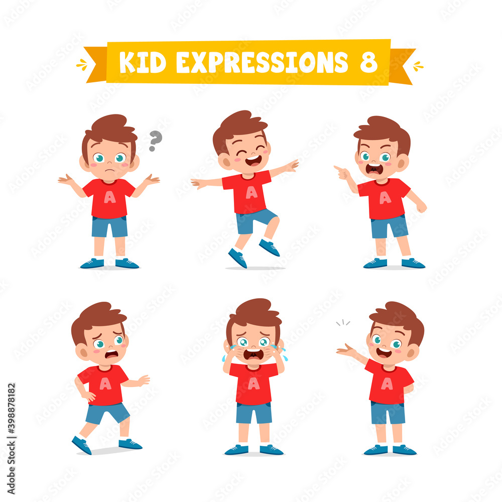 cute little kid boy in various expressions and gesture set