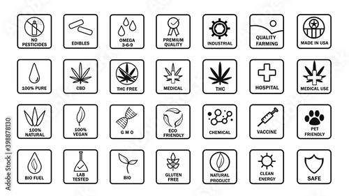 Set of white CBD oil icons. New popular icon set. THC free, no gmo, made in USA, bio, vegan, premium quality, lab tested, omega 3-6-9, pure, natural, no pesticides, organic, eco, gluten free, gmp.