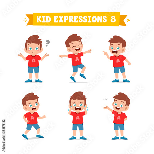 cute little kid boy in various expressions and gesture set