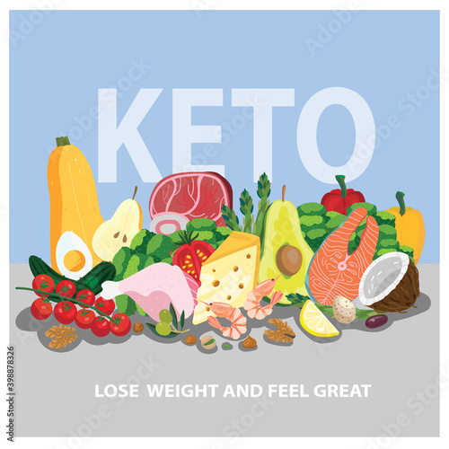 Ketogenic products concept for low-carbs diet. Composition with healthy food ingredients - zucchini, fish, tomato, seafood, shrimp, broccoli, egg, coconut, lemon meat