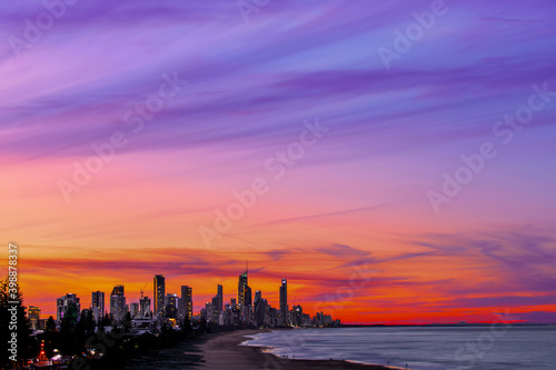 Colourful sunset sky  view from Miami hill lookout with Surfers Paradise Gold Coast cityscape in the horizon