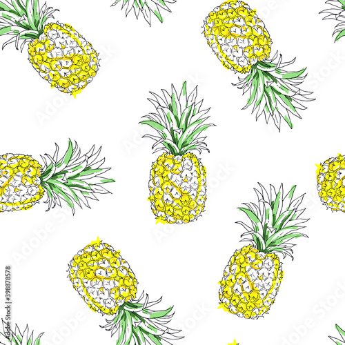 Yellow pineapples fruit are isolated on a white background. Vector illustration. Seamless pattern for design.