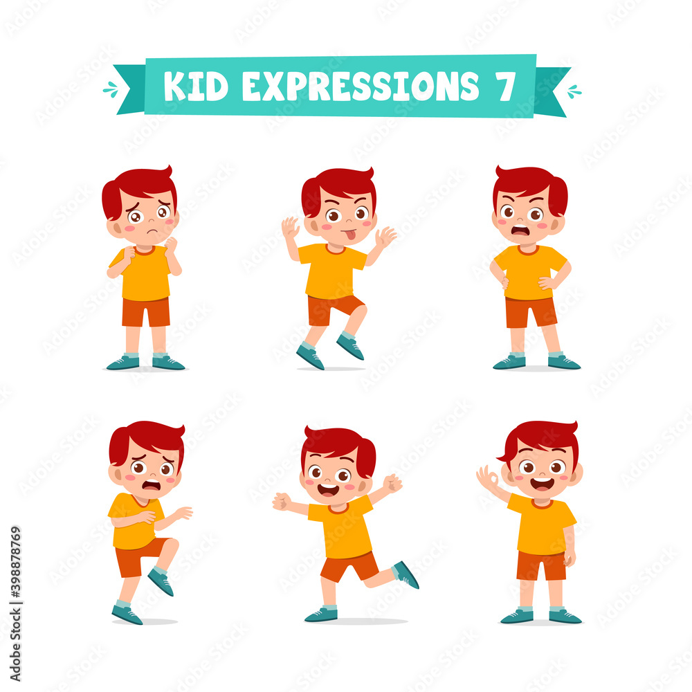 cute little kid boy in various expressions and gesture set cute little kid boy in various expressions and gesture set