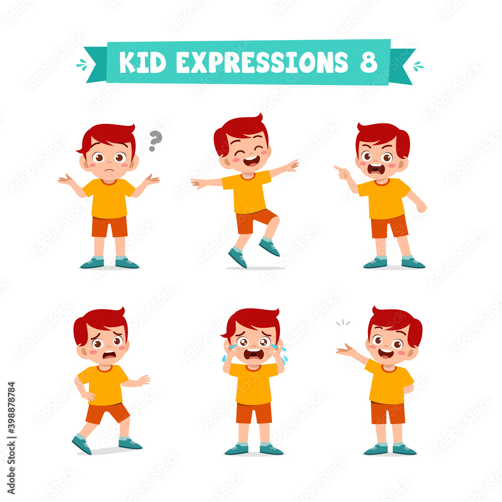 cute little kid boy in various expressions and gesture set