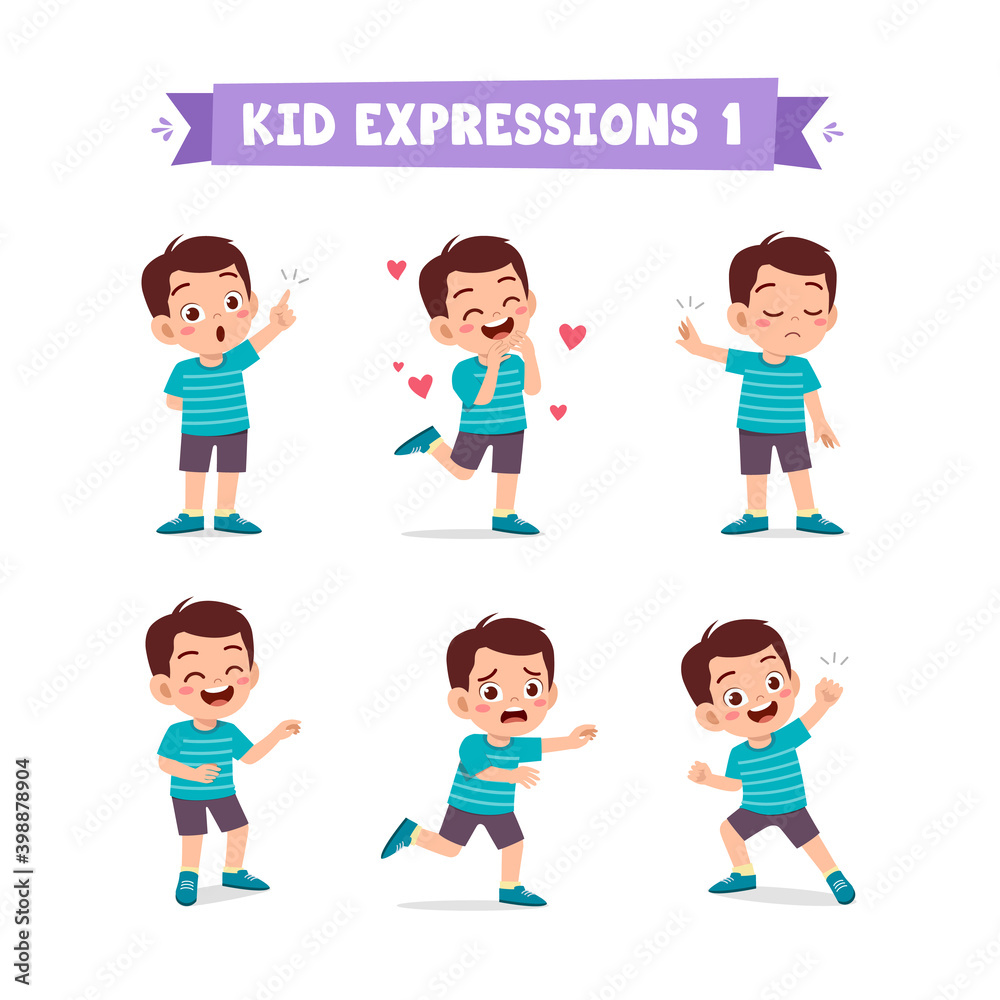 cute little kid boy in various expressions and gesture set cute little kid boy in various expressions and gesture set