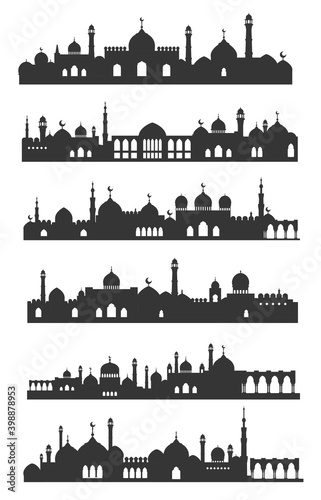 Muslim cityscape black set, urban arabian landmark