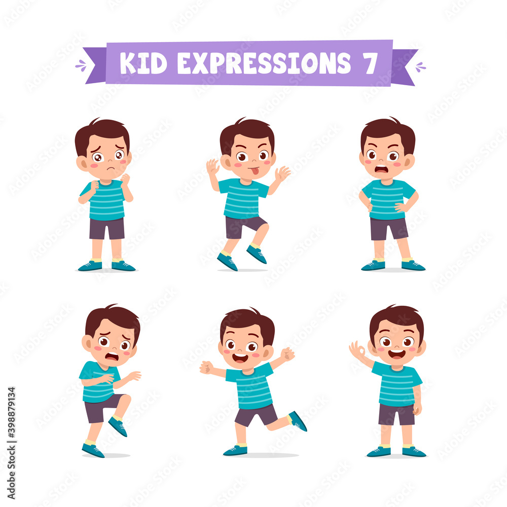 cute little kid boy in various expressions and gesture set cute little kid boy in various expressions and gesture set