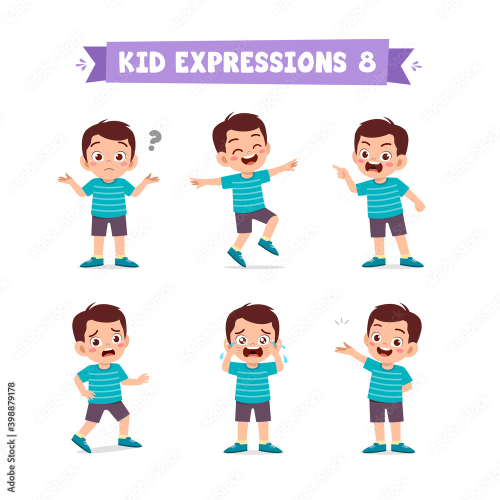 cute little kid boy in various expressions and gesture set cute little kid boy in various expressions and gesture set