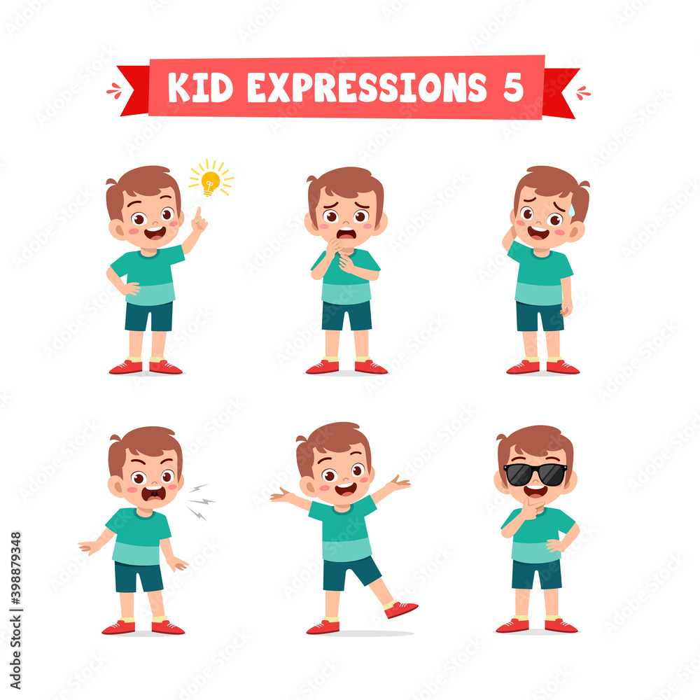 cute little kid boy in various expressions and gesture set cute little kid boy in various expressions and gesture set