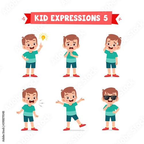 cute little kid boy in various expressions and gesture set