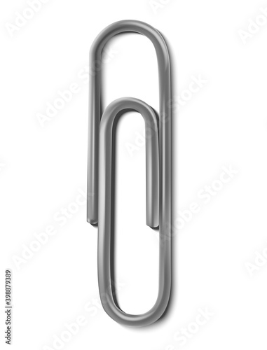 3d realistic vector metal paper clip. Isolated on white background.