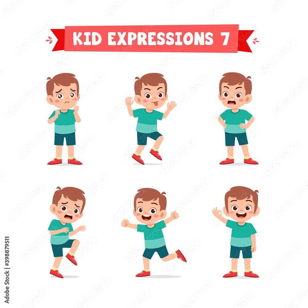 cute little kid boy in various expressions and gesture set cute little kid boy in various expressions and gesture set