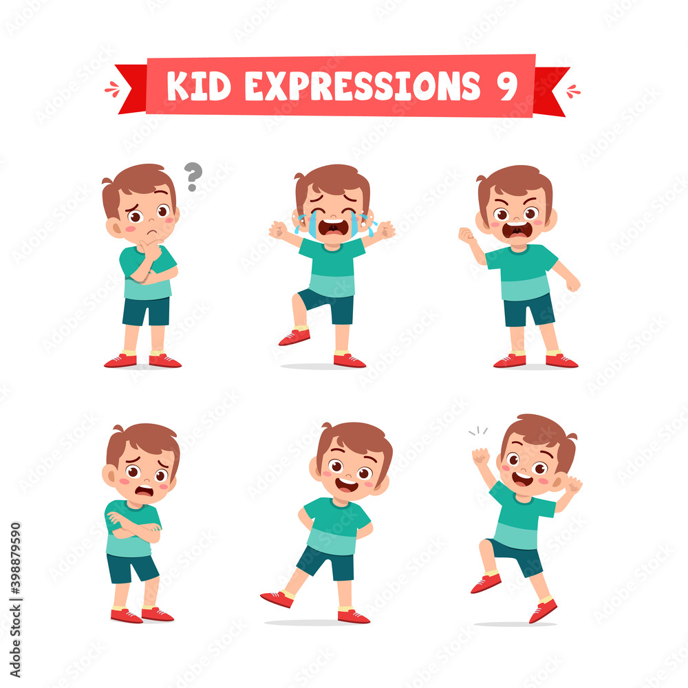 cute little kid boy in various expressions and gesture set cute little kid boy in various expressions and gesture set
