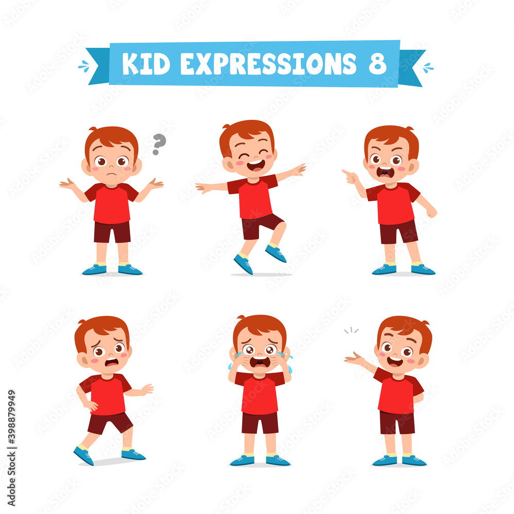 cute little kid boy in various expressions and gesture set cute little kid boy in various expressions and gesture set