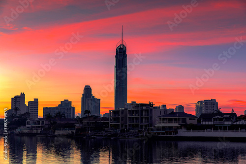 Surfers Paradise cityscape, with colourful sunrise sky. Gold Coast, Australia photo