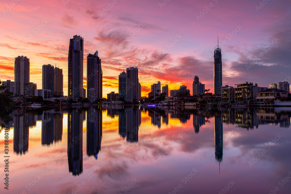 Fototapeta premium Surfers Paradise cityscape reflection, with colourful sunrise sky. Gold Coast, Australia
