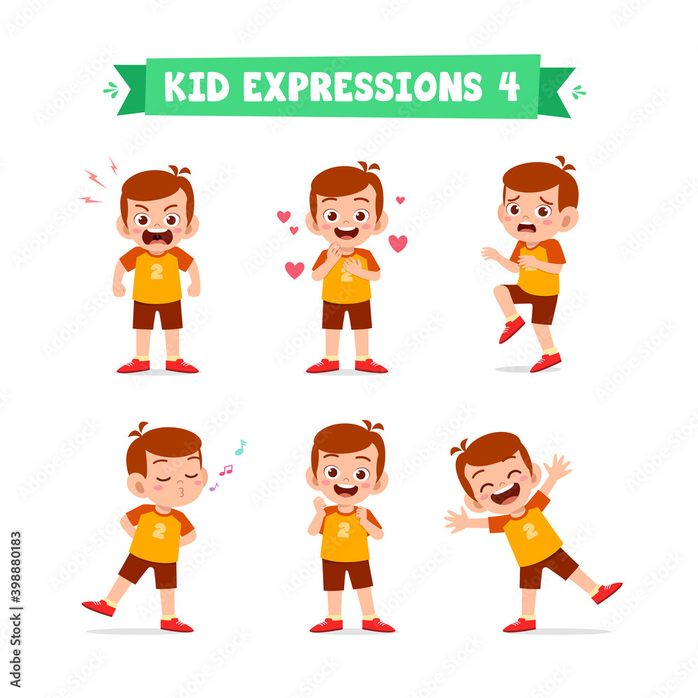 cute little kid boy in various expressions and gesture set