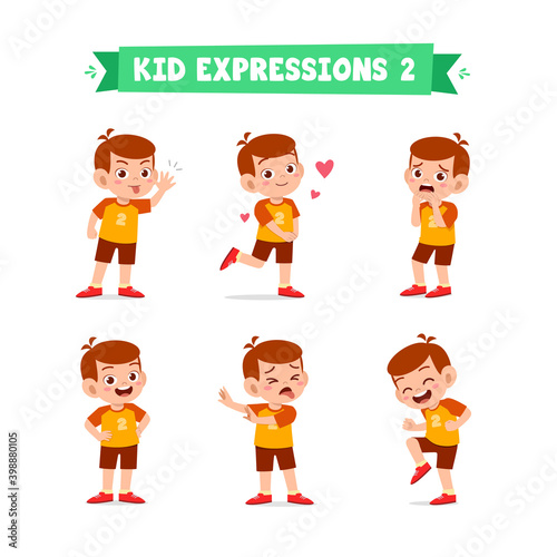 cute little kid boy in various expressions and gesture set