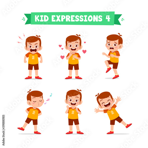 cute little kid boy in various expressions and gesture set