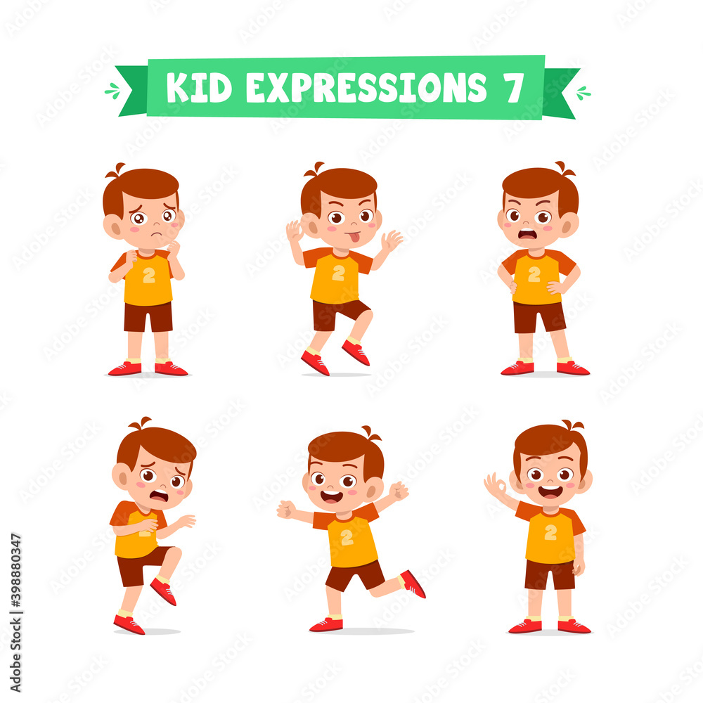 cute little kid boy in various expressions and gesture set