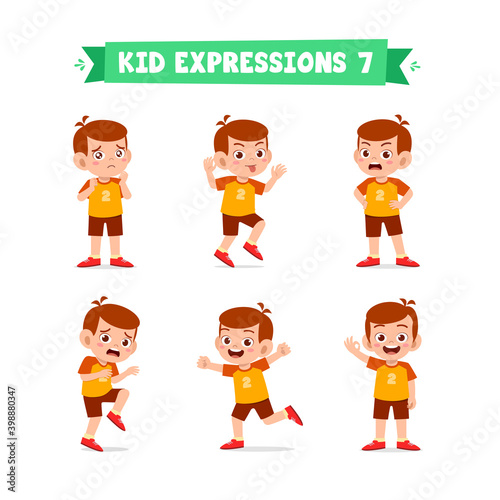 cute little kid boy in various expressions and gesture set