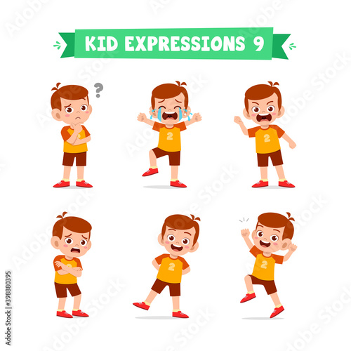 cute little kid boy in various expressions and gesture set