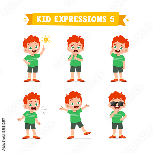 cute little kid boy in various expressions and gesture set