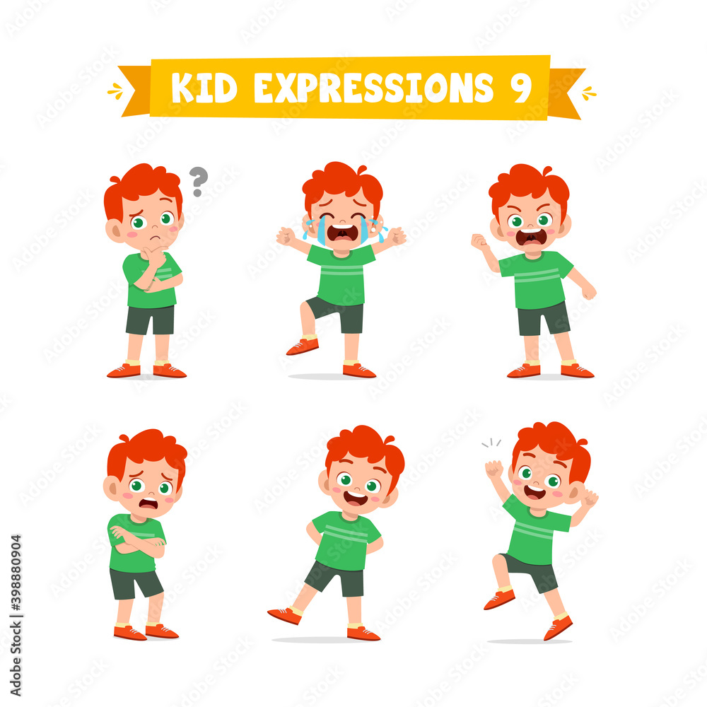 cute little kid boy in various expressions and gesture set