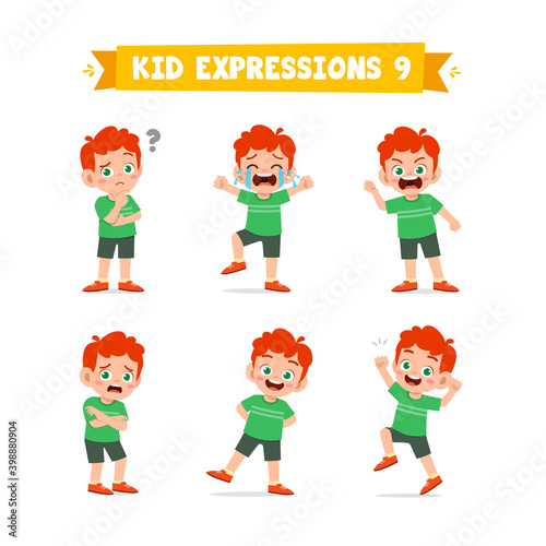 cute little kid boy in various expressions and gesture set