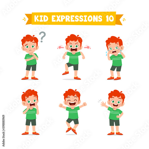 cute little kid boy in various expressions and gesture set