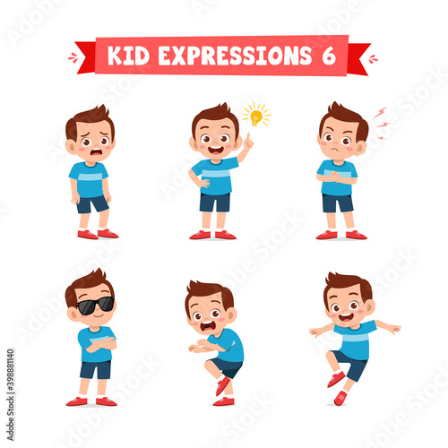 cute little kid boy in various expressions and gesture set