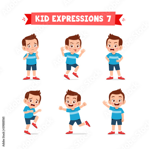 cute little kid boy in various expressions and gesture set