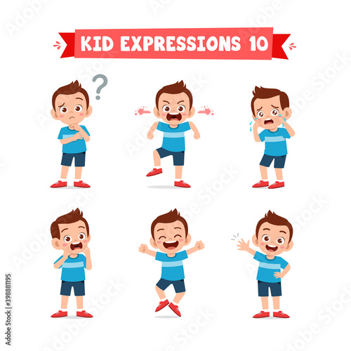 cute little kid boy in various expressions and gesture set