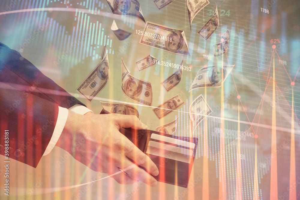 Multi exposure of financial graph drawing hologram and USA dollars bills and man hands. Analysis concept. Multi exposure of financial graph drawing hologram and USA dollars bills and man hands. Analysis concept.
