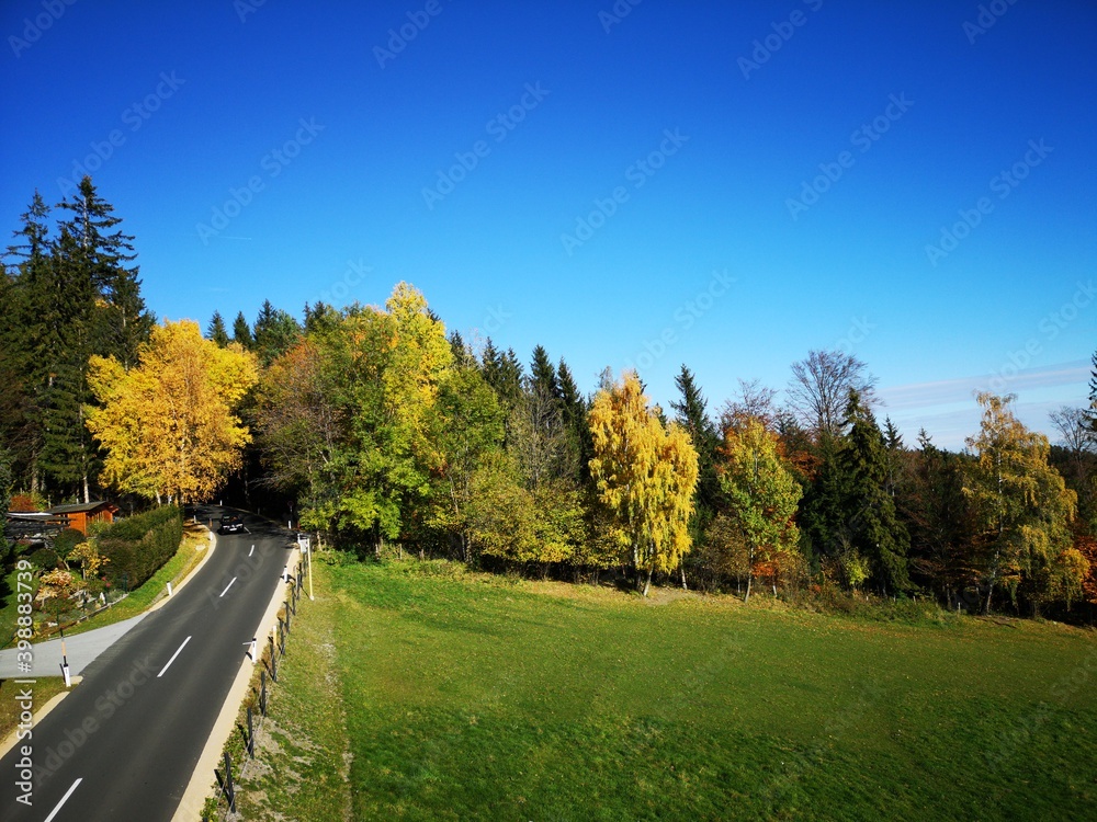 Straße im Herbst von oben Straße im Herbst von oben