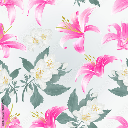 Seamless texture Spring flowers Lily pink Daylily and jasmine watercolor vintage vector illustration editable hand draw