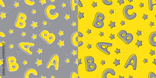 Hand drawn set of cute seamless patterns with letters and stars in trendy colors of 2021 year. Vector background for fabric, textile, scrapbook, gift wrapping. Ideal for children and baby projects.