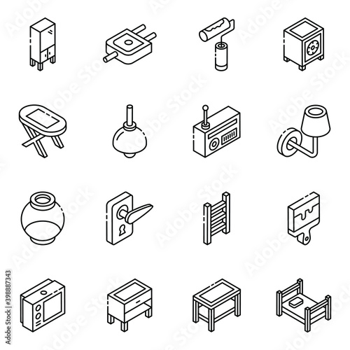 
Pack of Furniture and Electric Devices Glyph Isometric Icons 
