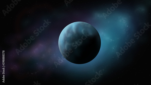 Blue ice planet art illustration. Big water planet with two moons. Popular space exploration project for future study astrology. One big alien world cartoon game design. Rare real world picture. © Martin