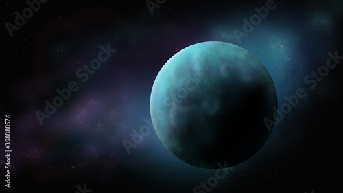 Fototapeta Naklejka Na Ścianę i Meble -  Blue ice planet art illustration. Big water planet with two moons. Popular space exploration project for future study astrology. One big alien world cartoon game design. Rare real world picture.